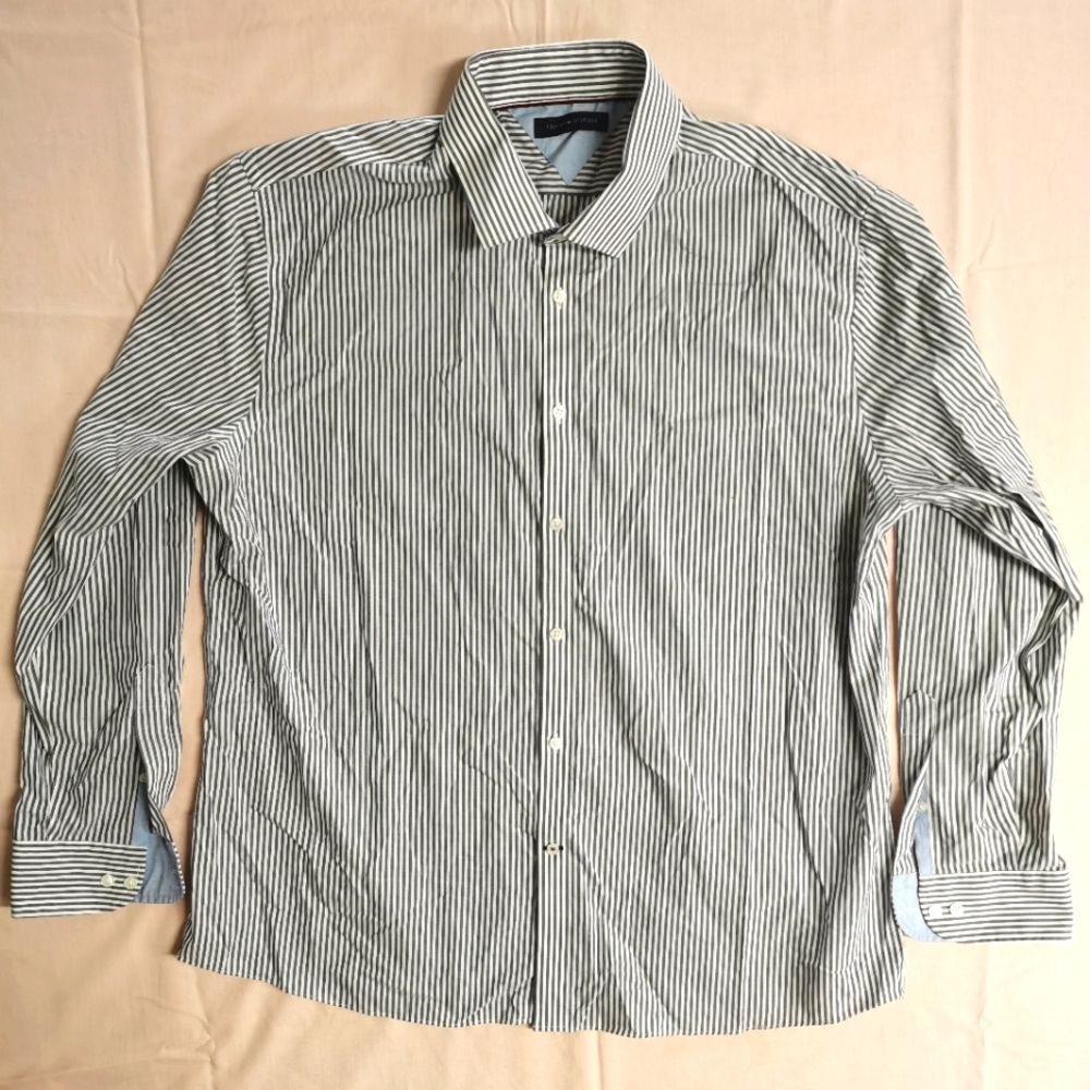 Tommy Hilfiger Men's Button Up White Gray Long Sleeve Shirt 18 34/35 2XL